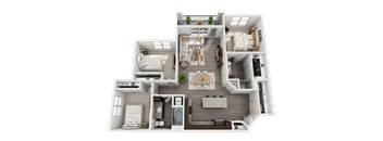 Three Bedroom Two Bath 3D Floor Plans